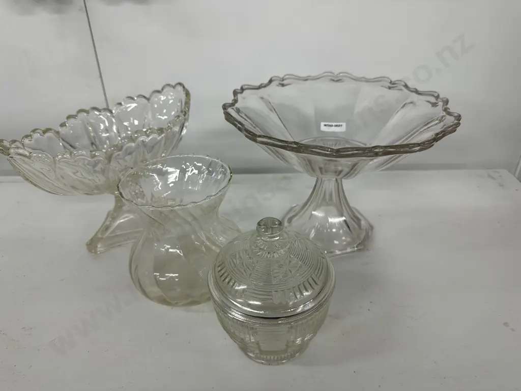 1920's Pressed Glass Stem Bowls x 2 With 2 Other Glass Items Image 1++