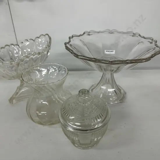 1920's Pressed Glass Stem Bowls x 2 With 2 Other Glass Items