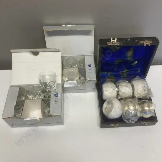 Vintage Cased Serviette Ring Set (AF) & 2 Sets of 6 Crystal Shot Glasses