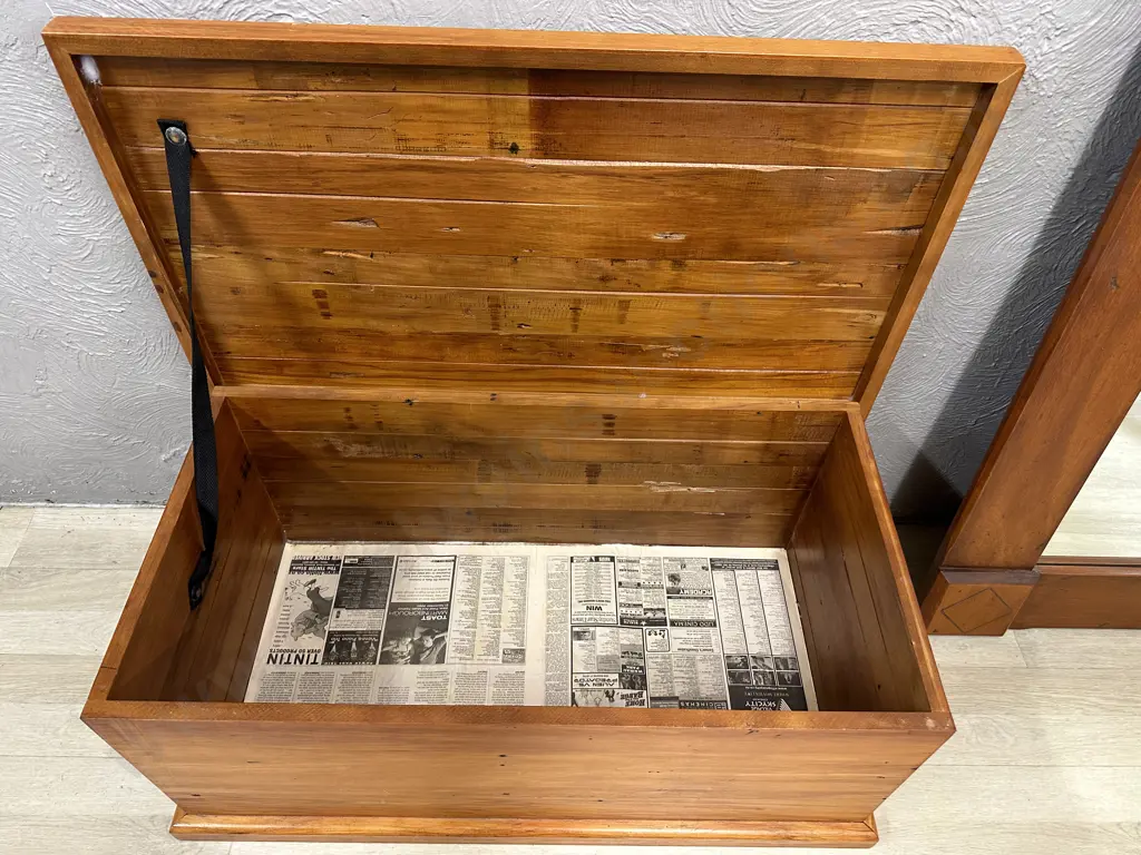 Solid Kauri Antique Wooden Trunk With Steel Drop Handles, H38 W90 D48cm Image 1++