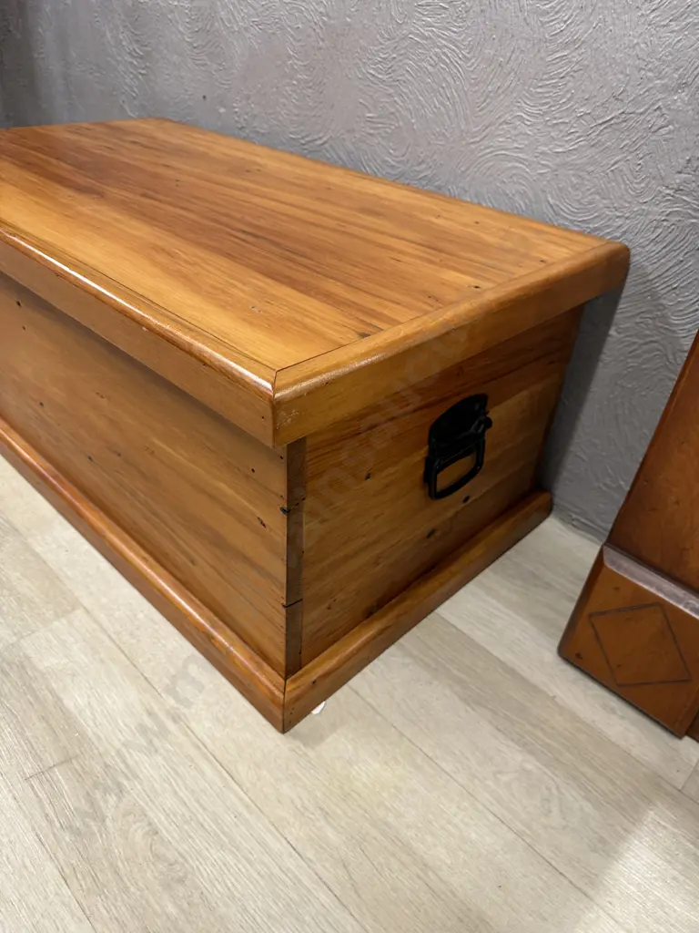 Solid Kauri Antique Wooden Trunk With Steel Drop Handles, H38 W90 D48cm Image 1++