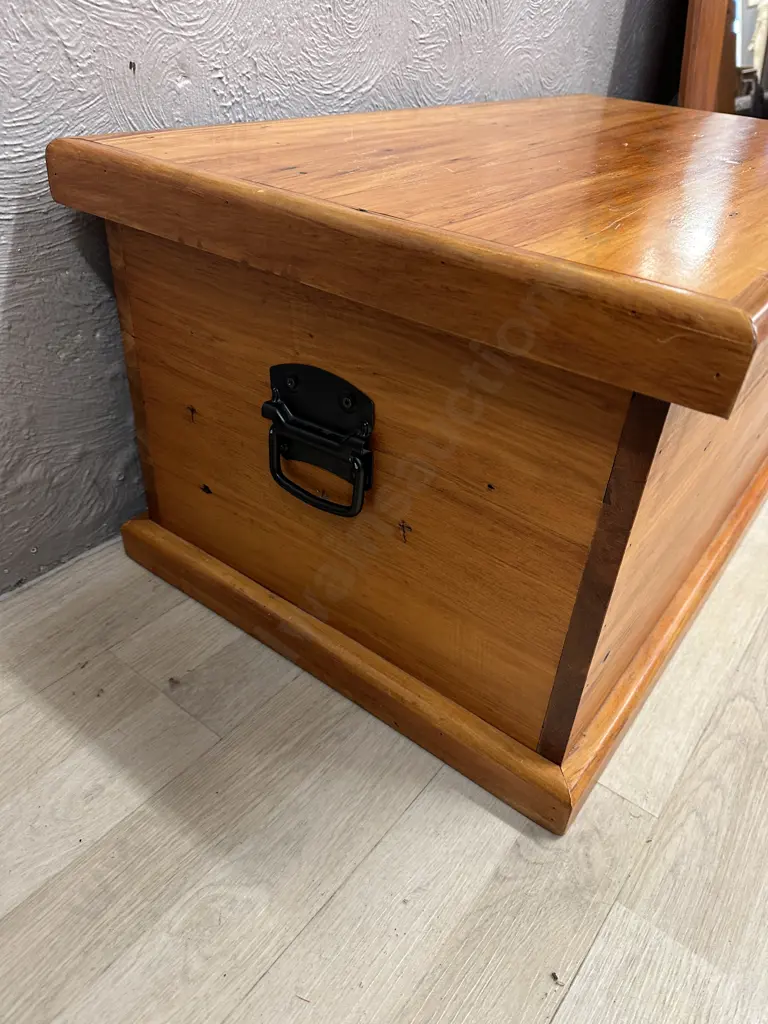 Solid Kauri Antique Wooden Trunk With Steel Drop Handles, H38 W90 D48cm Image 1++