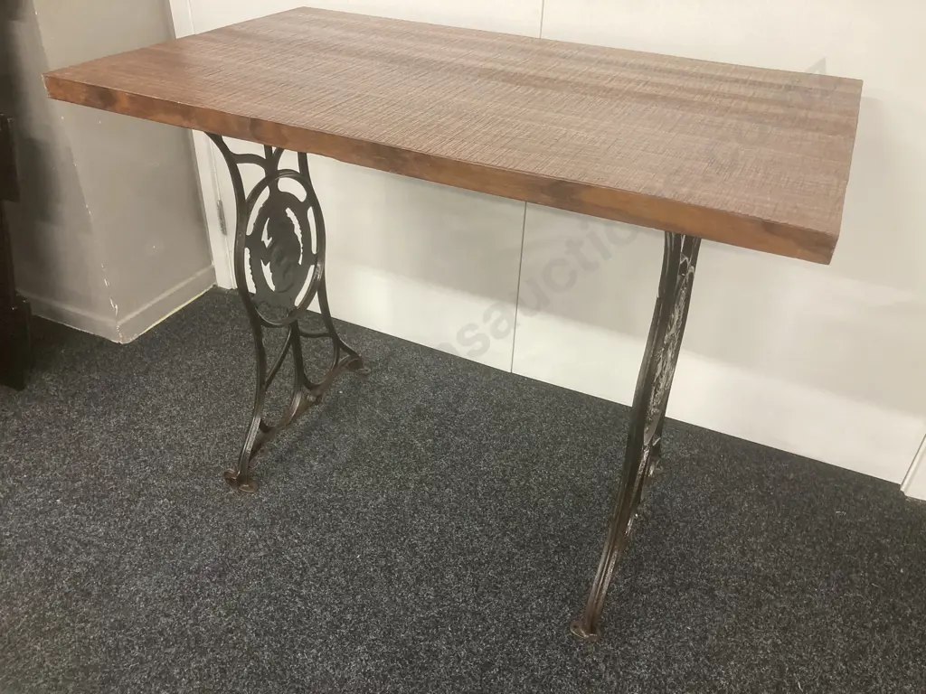 Solid Wood Occasional Table With Ornate Cast Wertheim Frankfurt Sewing Machine Base, H77 W100 D59.5cm Image 1++