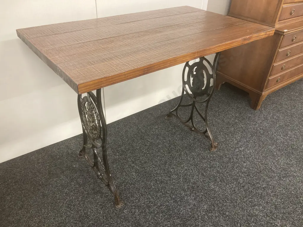 Solid Wood Occasional Table With Ornate Cast Wertheim Frankfurt Sewing Machine Base, H77 W100 D59.5cm Image 1++