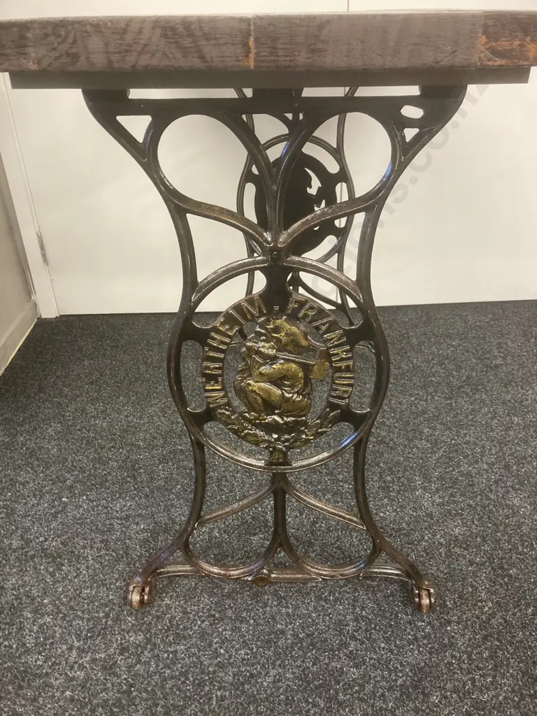 Solid Wood Occasional Table With Ornate Cast Wertheim Frankfurt Sewing Machine Base, H77 W100 D59.5cm Image 1++