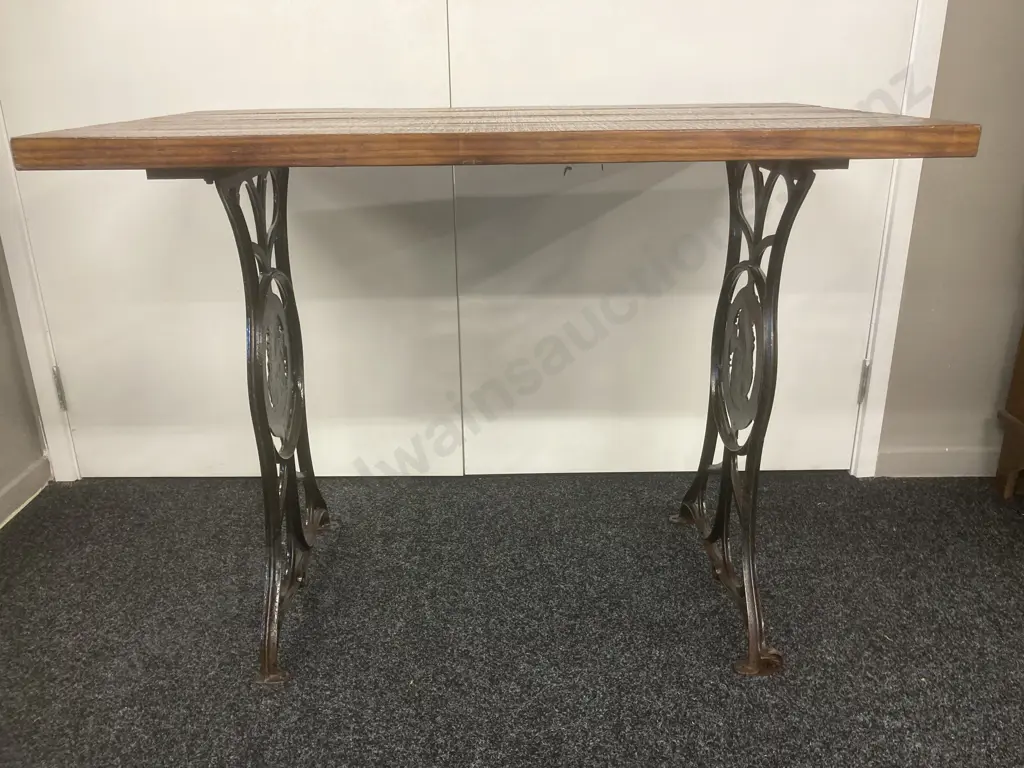 Solid Wood Occasional Table With Ornate Cast Wertheim Frankfurt Sewing Machine Base, H77 W100 D59.5cm Image 1++