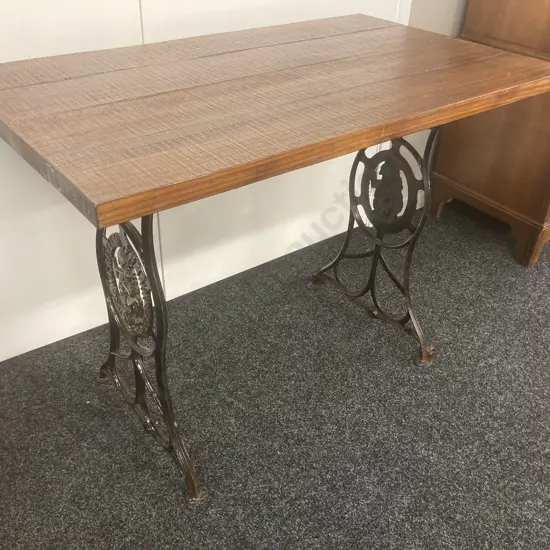 Solid Wood Occasional Table With Ornate Cast Wertheim Frankfurt Sewing Machine Base, H77 W100 D59.5cm