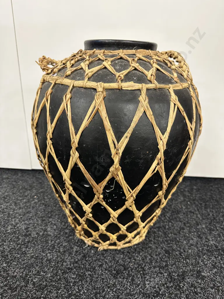Vintage Wicker Wrapped Black Terracotta Vessel, H47cm Image 1++