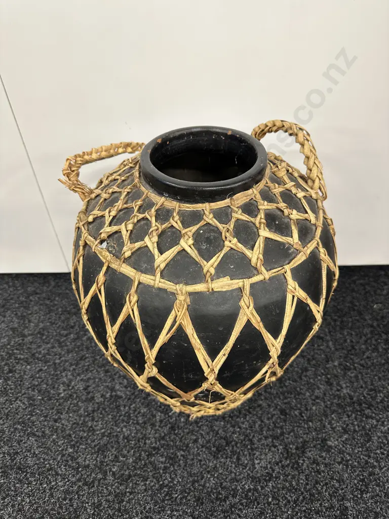 Vintage Wicker Wrapped Black Terracotta Vessel, H47cm Image 1++
