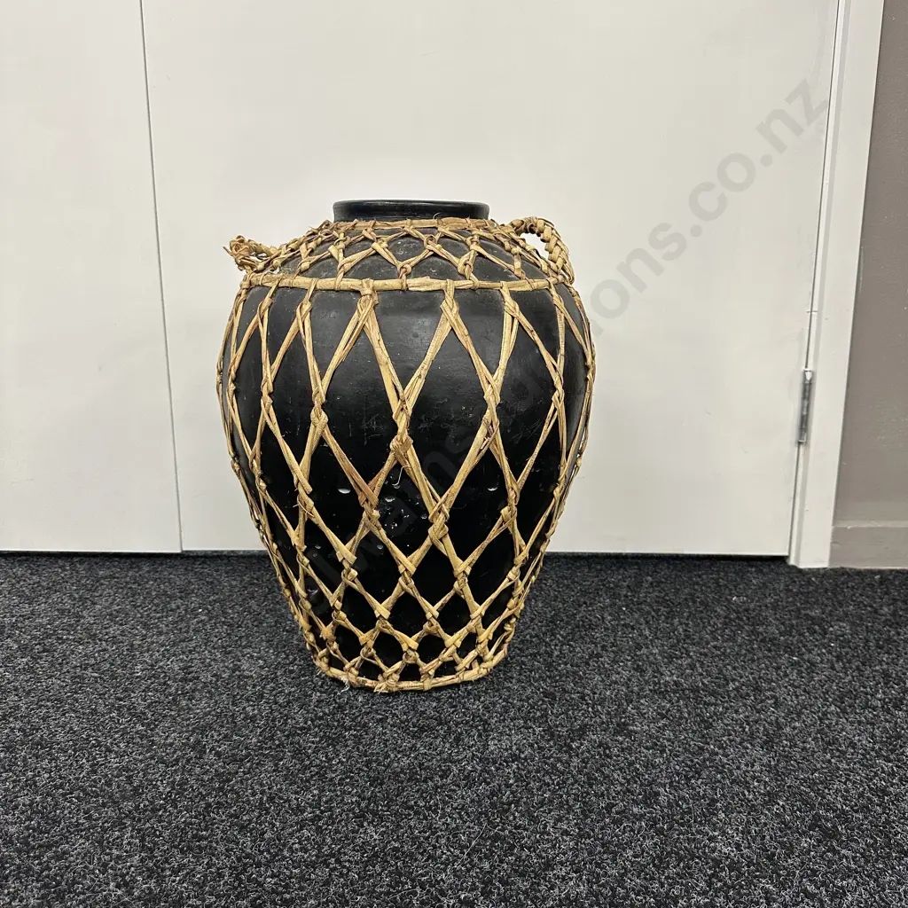 Vintage Wicker Wrapped Black Terracotta Vessel, H47cm Image 1++