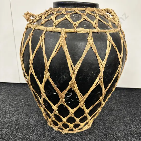 Vintage Wicker Wrapped Black Terracotta Vessel, H47cm