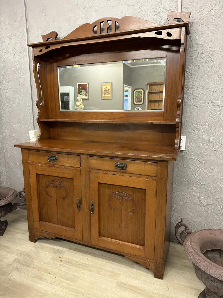 1920s Arts & Crafts Australian Maple Sideboard, Bevelled Mirror Upper Section, Original Handles & Key, H200 W138 D47cm Image 1++