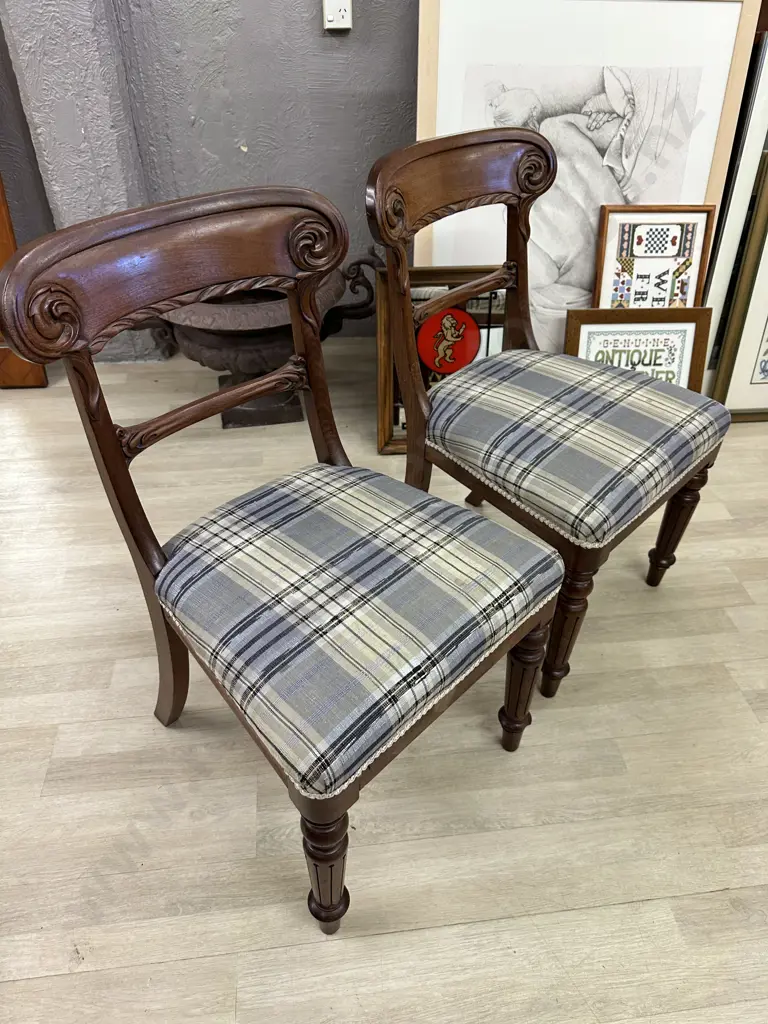 Pair of Antique Classic Carved Regency Dining Chairs, Swirls On Backrest, H86 W45 D50cm Image 1++