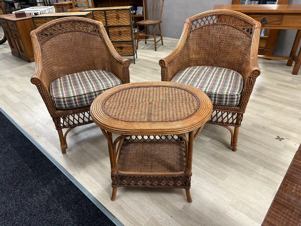 Pair of French Provencial Wicker Chairs With Matching Side Table Image 1++