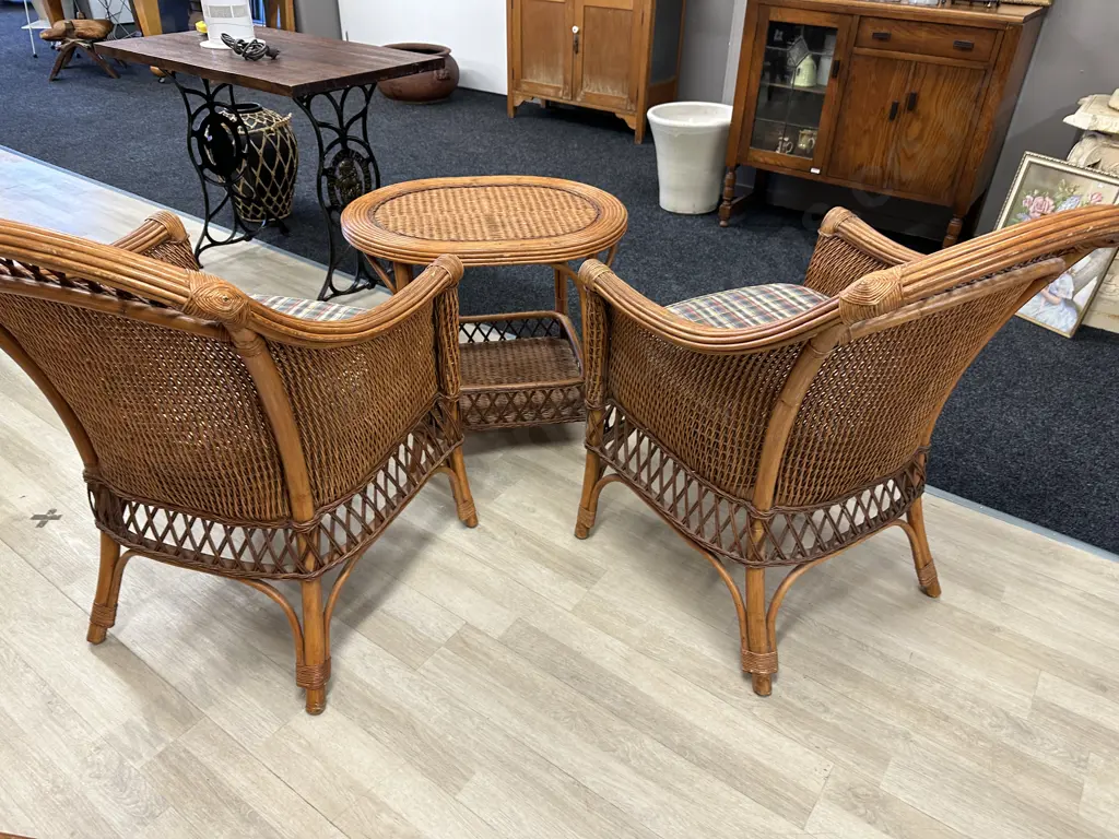 Pair of French Provencial Wicker Chairs With Matching Side Table Image 1++