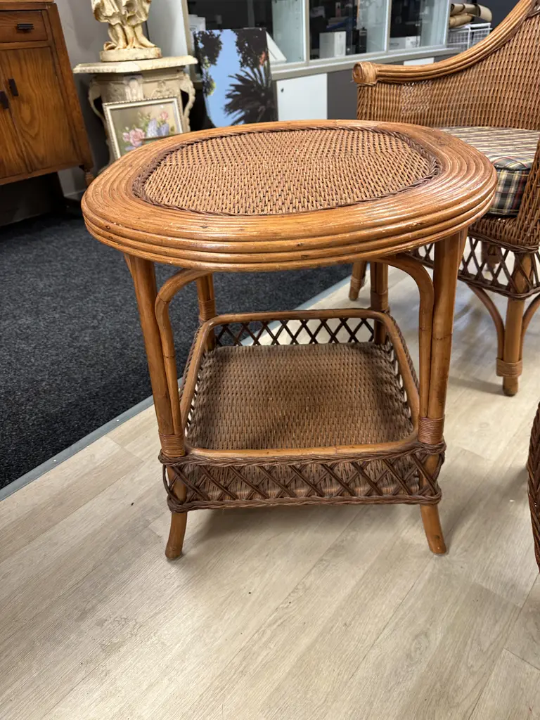 Pair of French Provencial Wicker Chairs With Matching Side Table Image 1++