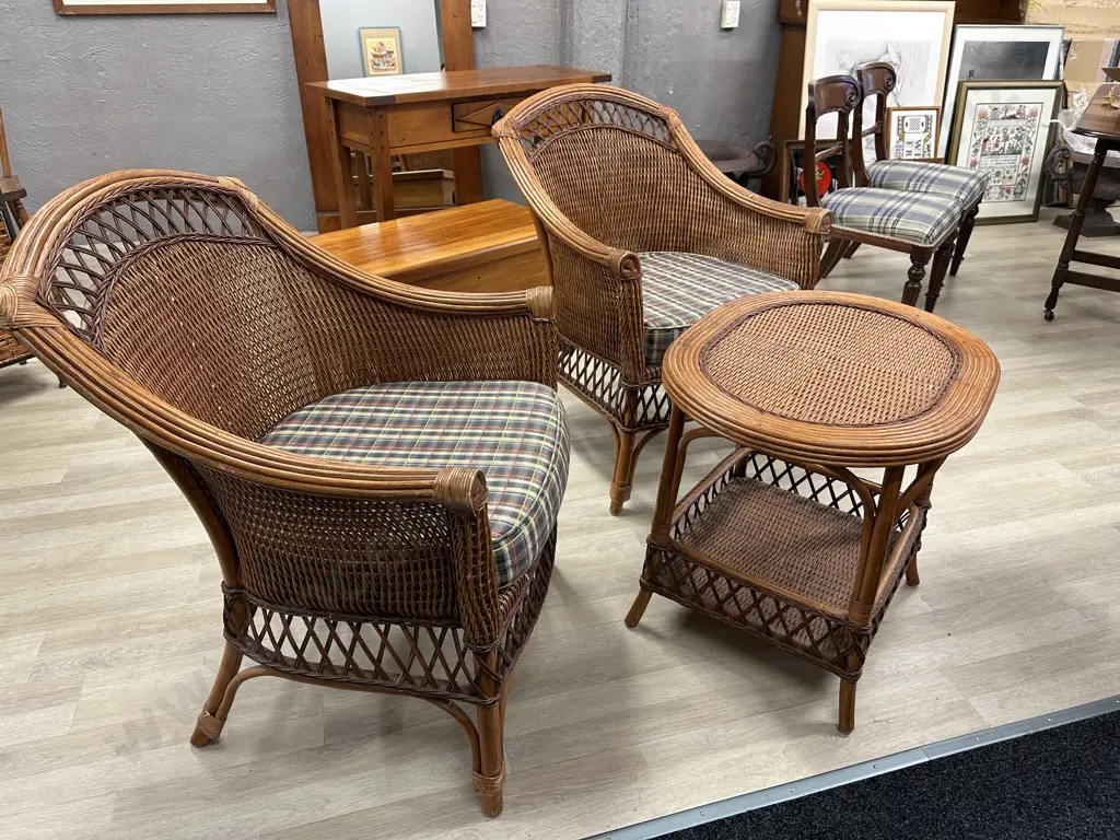 Pair of French Provencial Wicker Chairs With Matching Side Table Image 1++