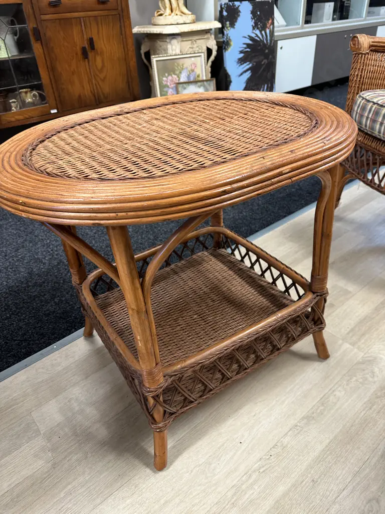 Pair of French Provencial Wicker Chairs With Matching Side Table Image 1++