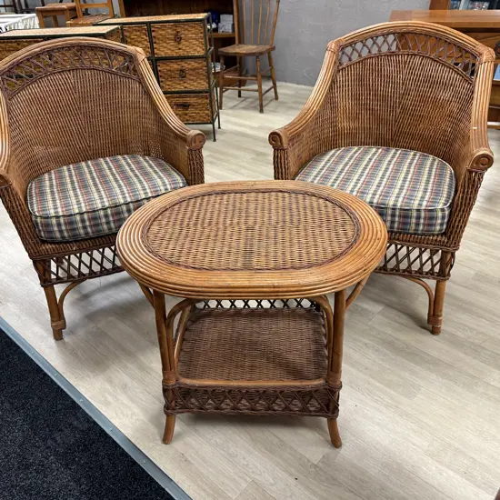 Pair of French Provencial Wicker Chairs With Matching Side Table