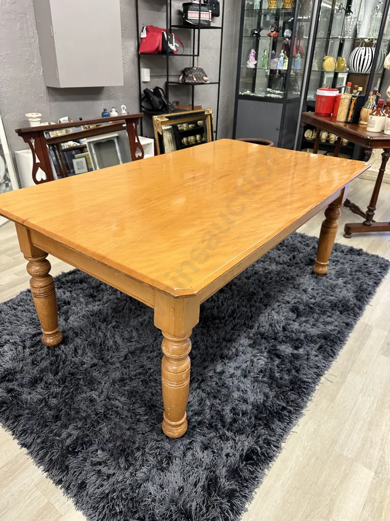 Antique Victorian Kauri Farmhouse Dining Table, Turned Legs, Varnish Finish, H72 W165 D110cm Image 1++