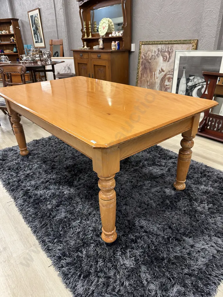 Antique Victorian Kauri Farmhouse Dining Table, Turned Legs, Varnish Finish, H72 W165 D110cm Image 1++