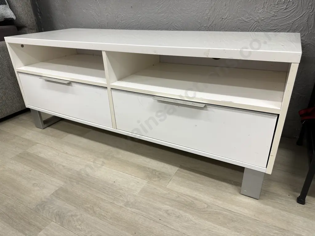 White Gloss Finish Entertainment Stand, Brushed Steel Handles & Feet, 2 Drawers, H48 W120 D42cm Image 1++