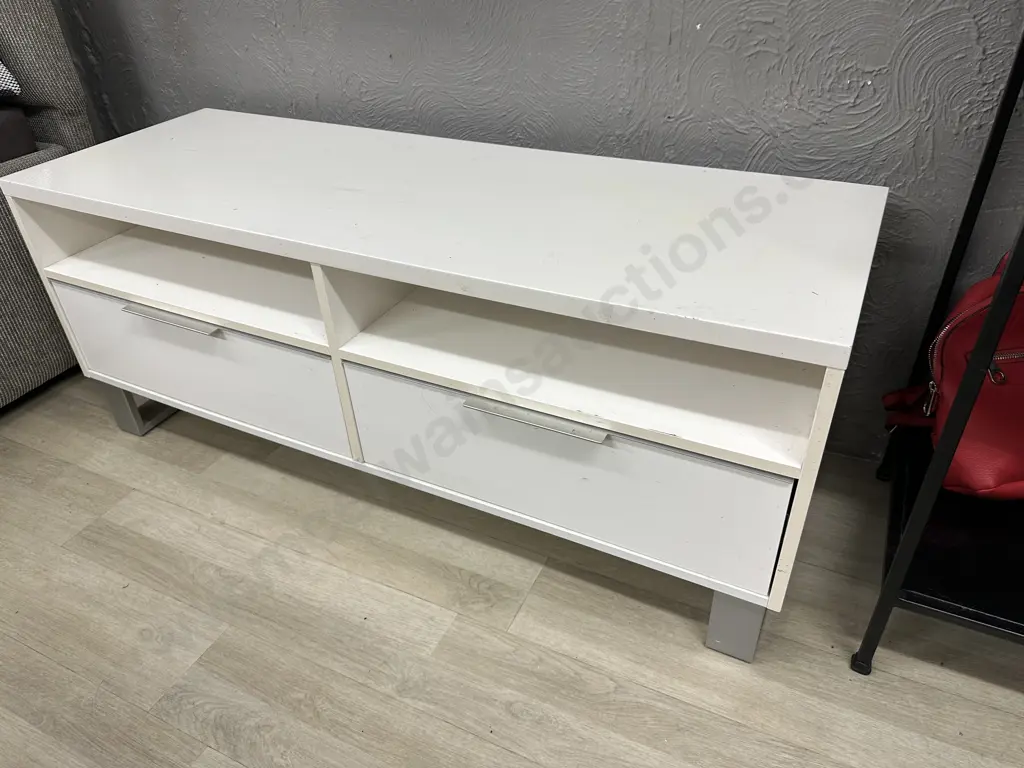 White Gloss Finish Entertainment Stand, Brushed Steel Handles & Feet, 2 Drawers, H48 W120 D42cm Image 1++
