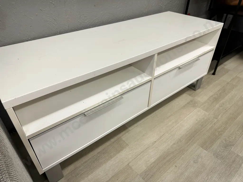White Gloss Finish Entertainment Stand, Brushed Steel Handles & Feet, 2 Drawers, H48 W120 D42cm Image 1++