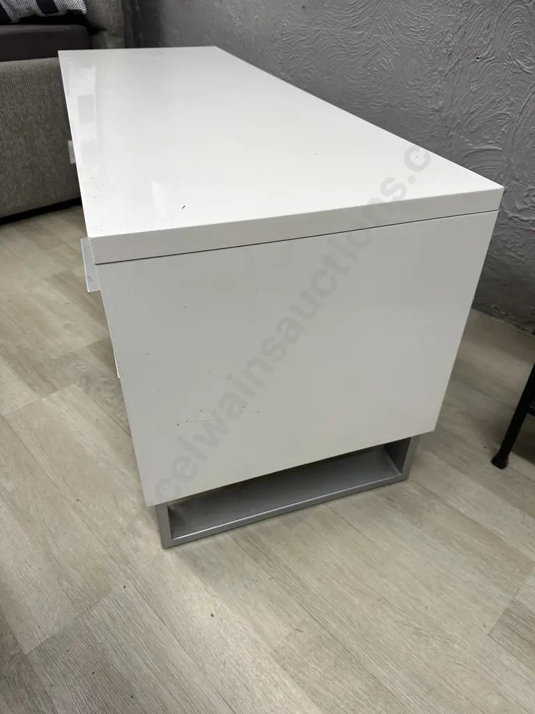 White Gloss Finish Entertainment Stand, Brushed Steel Handles & Feet, 2 Drawers, H48 W120 D42cm Image 1++