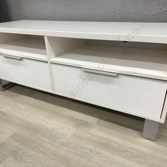 White Gloss Finish Entertainment Stand, Brushed Steel Handles & Feet, 2 Drawers, H48 W120 D42cm
