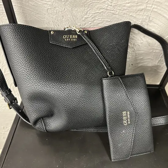 Guess Eco Brenton Reversible Bucket Bag & Detachable Pouch - Black / Lavender Pink