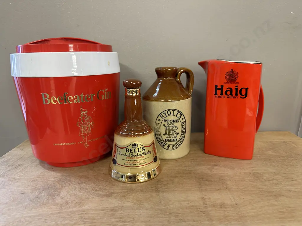 Beefeater Gin Ice Bucket, Cartonware Haig Jug, Stoneware Decanters Image 1++