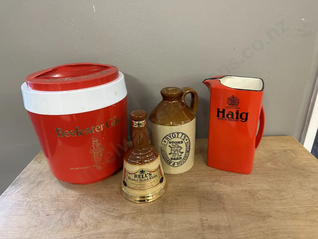 Beefeater Gin Ice Bucket, Cartonware Haig Jug, Stoneware Decanters Image 1++