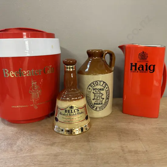 Beefeater Gin Ice Bucket, Cartonware Haig Jug, Stoneware Decanters