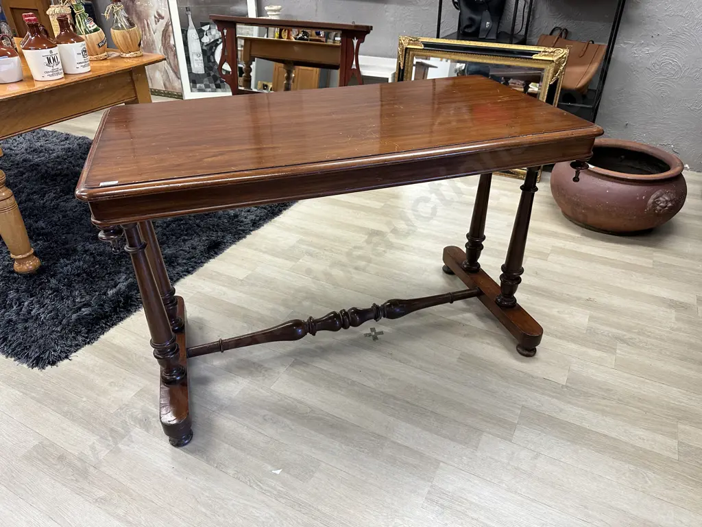 Early Victorian Stretcher Base Table With Turned Ends, Mahogany c1845, H80 W120 D63cm Image 1++