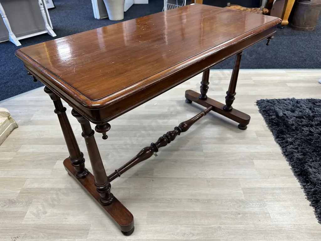 Early Victorian Stretcher Base Table With Turned Ends, Mahogany c1845, H80 W120 D63cm Image 1++