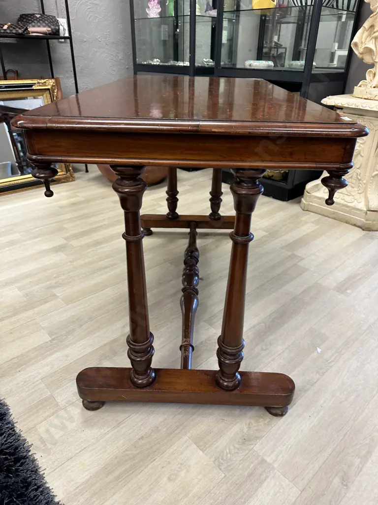 Early Victorian Stretcher Base Table With Turned Ends, Mahogany c1845, H80 W120 D63cm Image 1++
