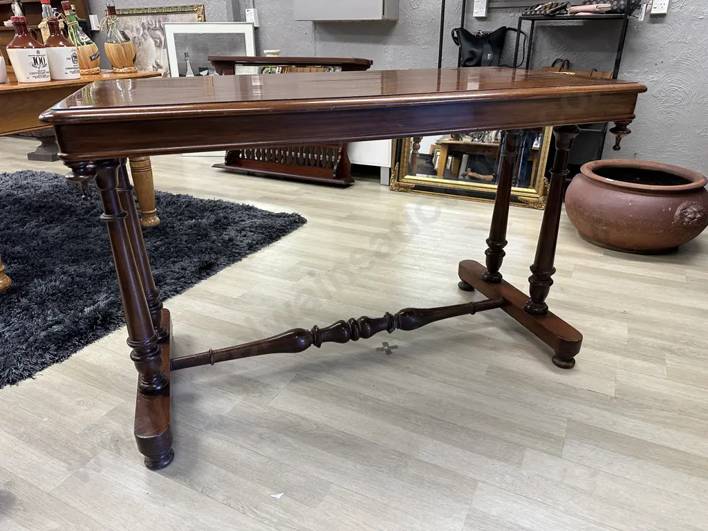Early Victorian Stretcher Base Table With Turned Ends, Mahogany c1845, H80 W120 D63cm Image 1++