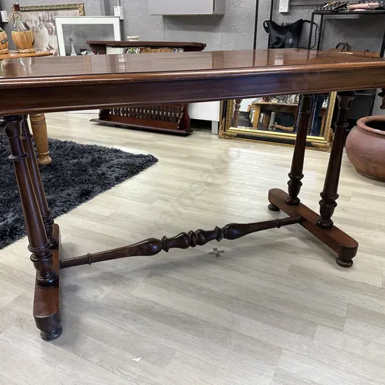 Early Victorian Stretcher Base Table With Turned Ends, Mahogany c1845, H80 W120 D63cm