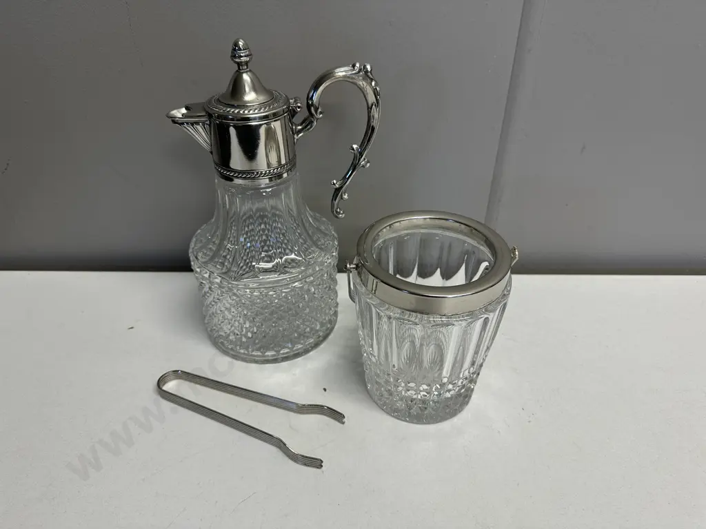 Cut Glass Carafe With Silver Plate Detail, Ice Bucket With Tongs Image 1++