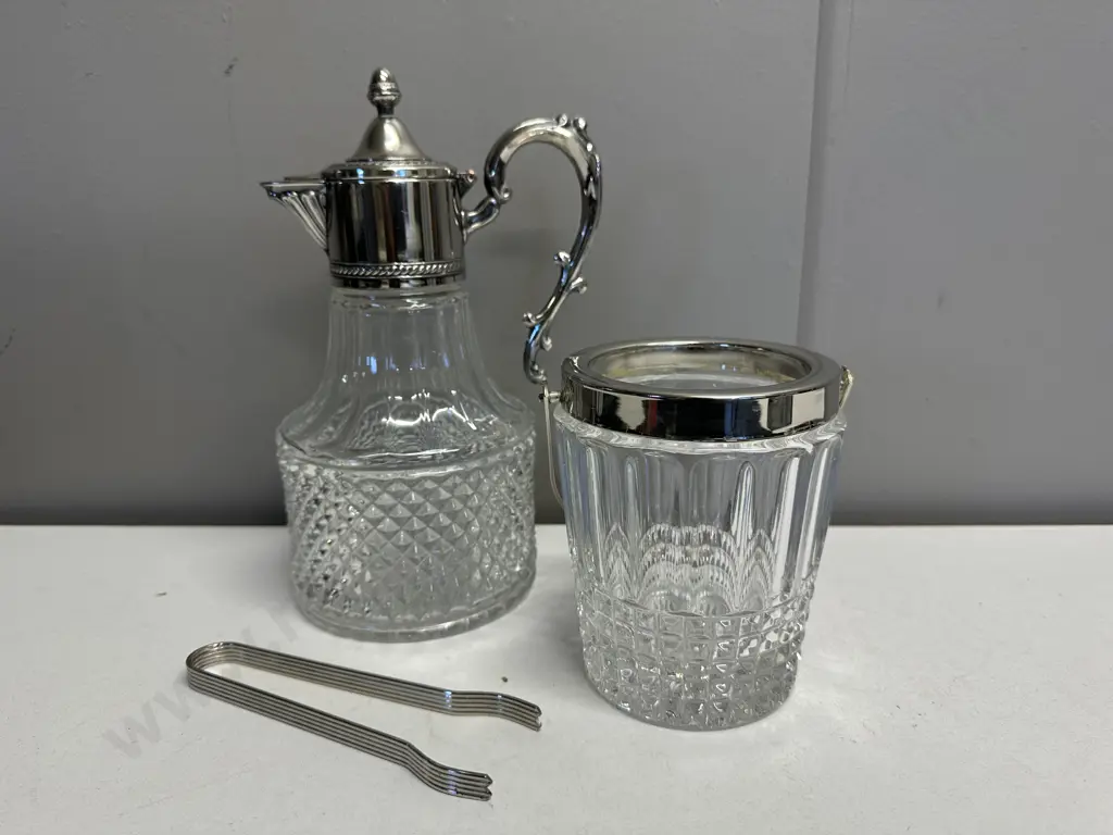 Cut Glass Carafe With Silver Plate Detail, Ice Bucket With Tongs Image 1++