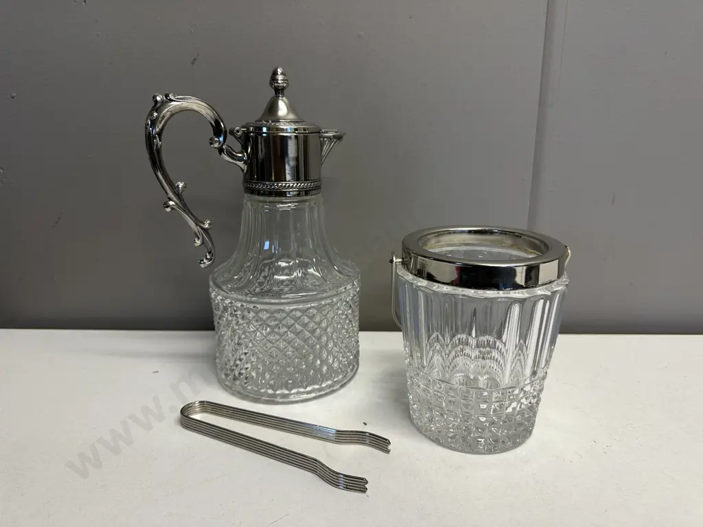 Cut Glass Carafe With Silver Plate Detail, Ice Bucket With Tongs Image 1++