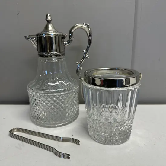 Cut Glass Carafe With Silver Plate Detail, Ice Bucket With Tongs