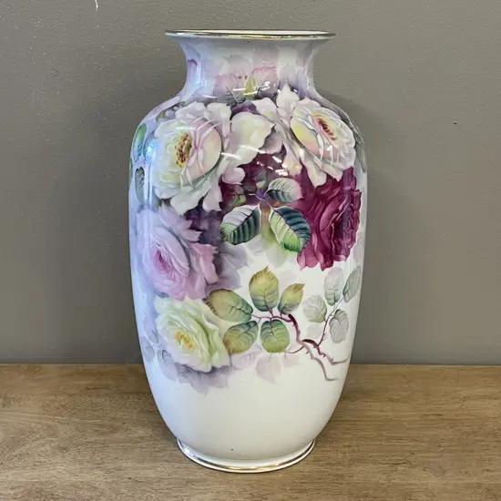 Stunning Japanese Handpainted Porcelain Vase with Roses. H31cm