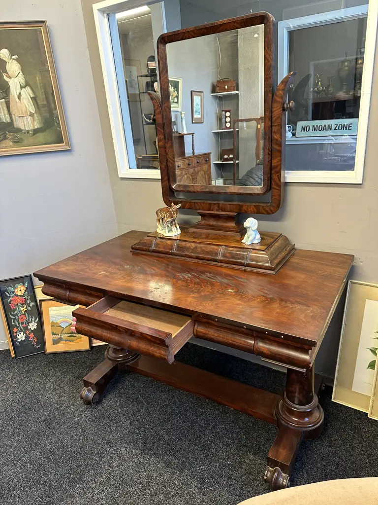 Stunning Antique Burr Dressing Table Six Hidden Drawers On Original Castors H168cm (Including Mirror), W122cm, D68cm. Image 1++