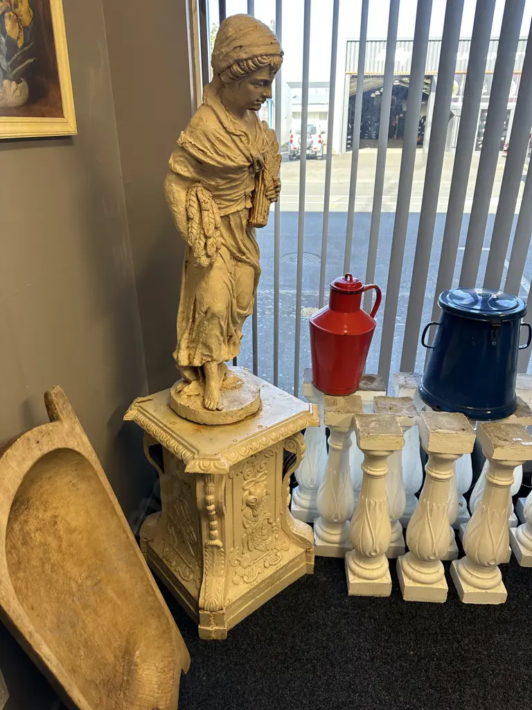 Cast Iron Garden Statue - Classical Man & Barley Sheaves On Plinth, Antique Cream Finish, 100cm on 67 x 52cm Plinth Image 1++