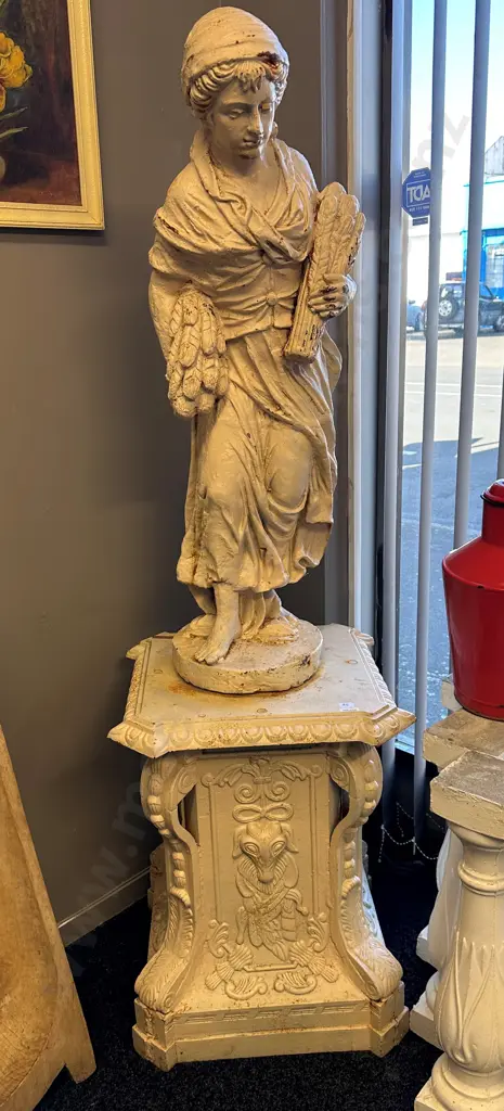 Cast Iron Garden Statue - Classical Man & Barley Sheaves On Plinth, Antique Cream Finish, 100cm on 67 x 52cm Plinth Image 1++