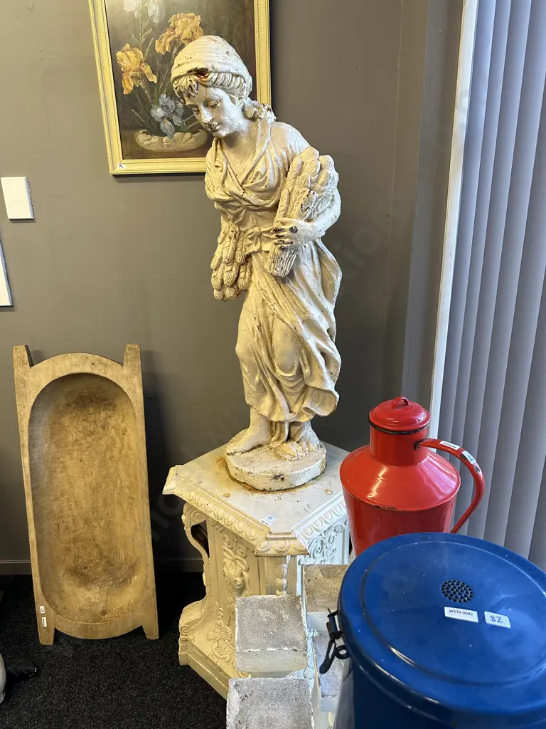 Cast Iron Garden Statue - Classical Man & Barley Sheaves On Plinth, Antique Cream Finish, 100cm on 67 x 52cm Plinth Image 1++