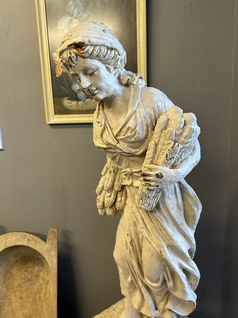 Cast Iron Garden Statue - Classical Man & Barley Sheaves On Plinth, Antique Cream Finish, 100cm on 67 x 52cm Plinth Image 1++