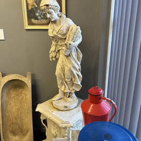 Cast Iron Garden Statue - Classical Man & Barley Sheaves On Plinth, Antique Cream Finish, 100cm on 67 x 52cm Plinth
